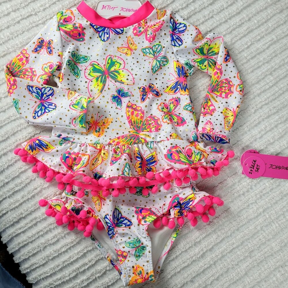 24M Betsey Johnson 50+ UPF Butterfly Girls Child Sleeve Swim 2 piece Set Pool